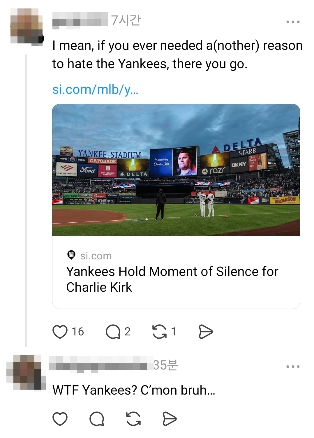스레드를 비롯한 소셜미디어에는 뉴욕 앙키스의 찰리 커크 추모가 ‘정치적 판단’이라며 비판하는 게시물이 이어지고 있다. 스레드 캡처