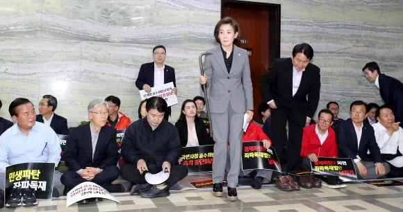당시 자유한국당 나경원 원내대표가 26일 오전 국회 의안과 앞에서 열린 긴급 의원총회에서 노루발못뽑이(일명 ‘빠루’)를 들고나오고 있다. 의총 사회를 본 김정재 의원은 “대표께서 들고나온 이 빠루는 어제 7층 의안과의 문을 부수기 위해 민주당인지 경호과인지 정확지는 않지만 (그들로부터) 저희가 뺏은 겁니다”라고 설명했다. 2019.4.26 
연합뉴스