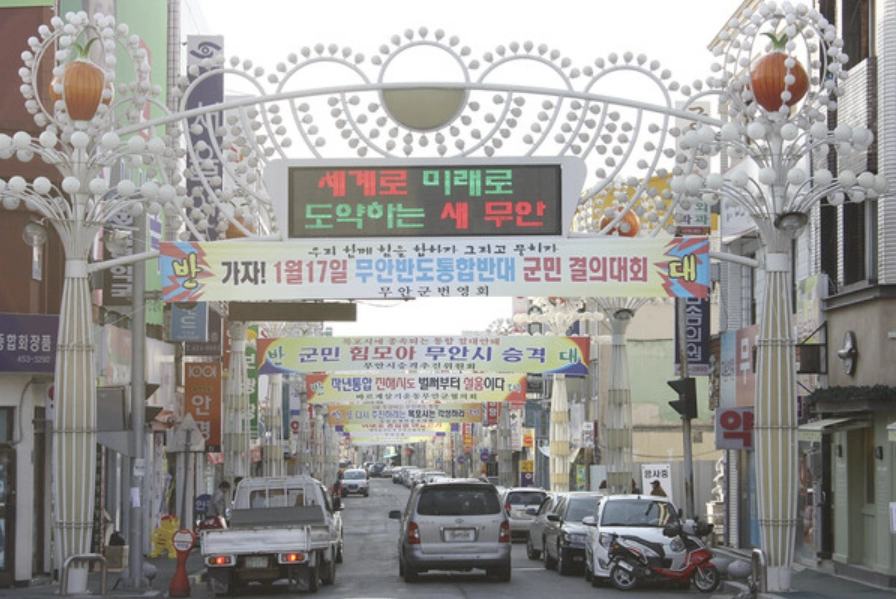 무안반도(목포·무안·신안) 통합을 반대하는 플래카드가 지난해 무안군 거리에 걸려 있는 모습.
무안군 제공