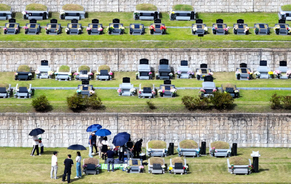 추석을 2주가량 앞둔 21일 강원 춘천시 안식공원에서 시민들이 이른 성묘를 하고 있다. 2025.9.21  연합뉴스