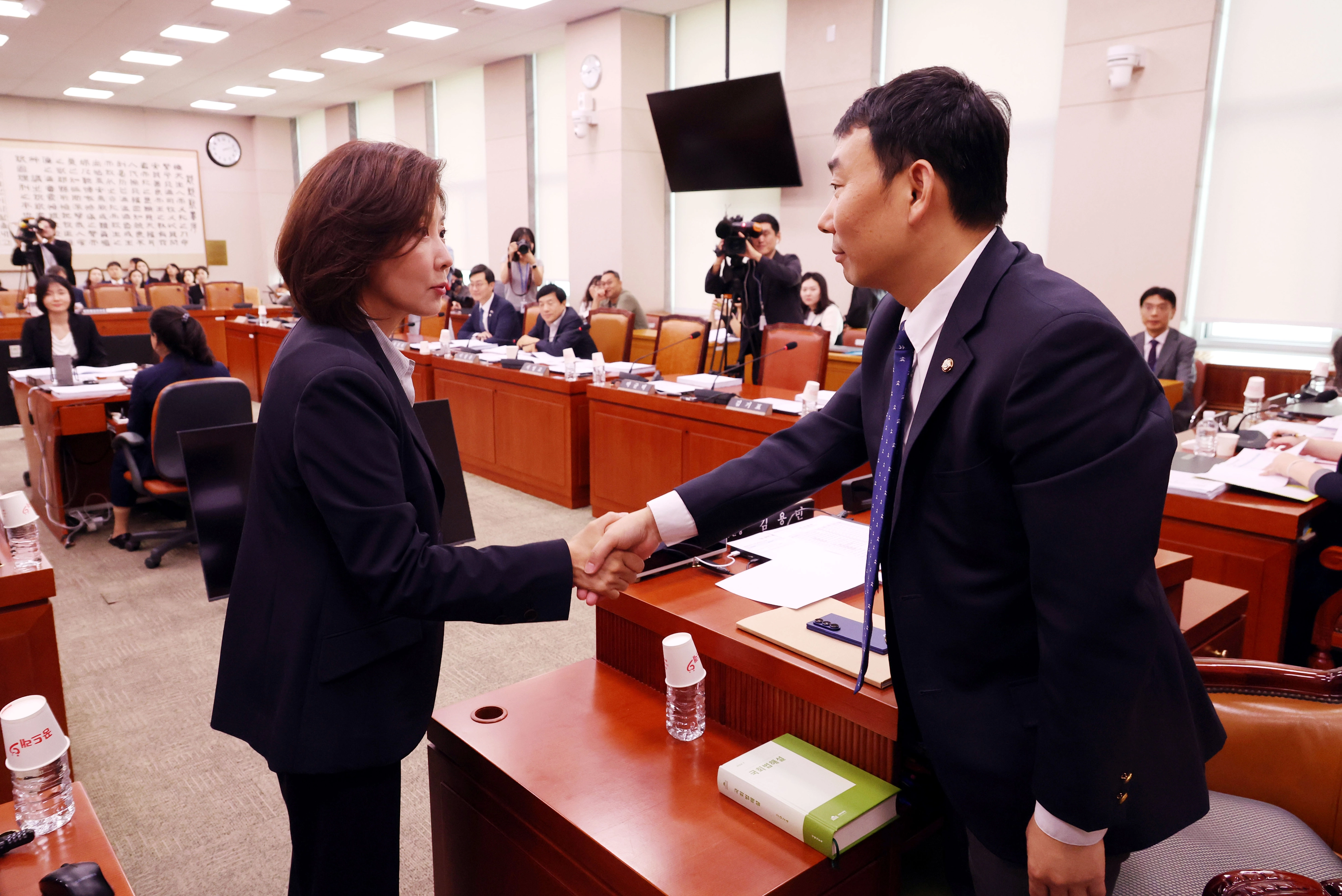 국회 법제사법위원회 여당 간사인 김용민 더불어민주당 의원이 지난 23일 국회에서 열린 법사위 법안심사제1소위 회의에서 나경원 국민의힘 의원과 악수를 하고 있다. 2025.09.23. 뉴시스