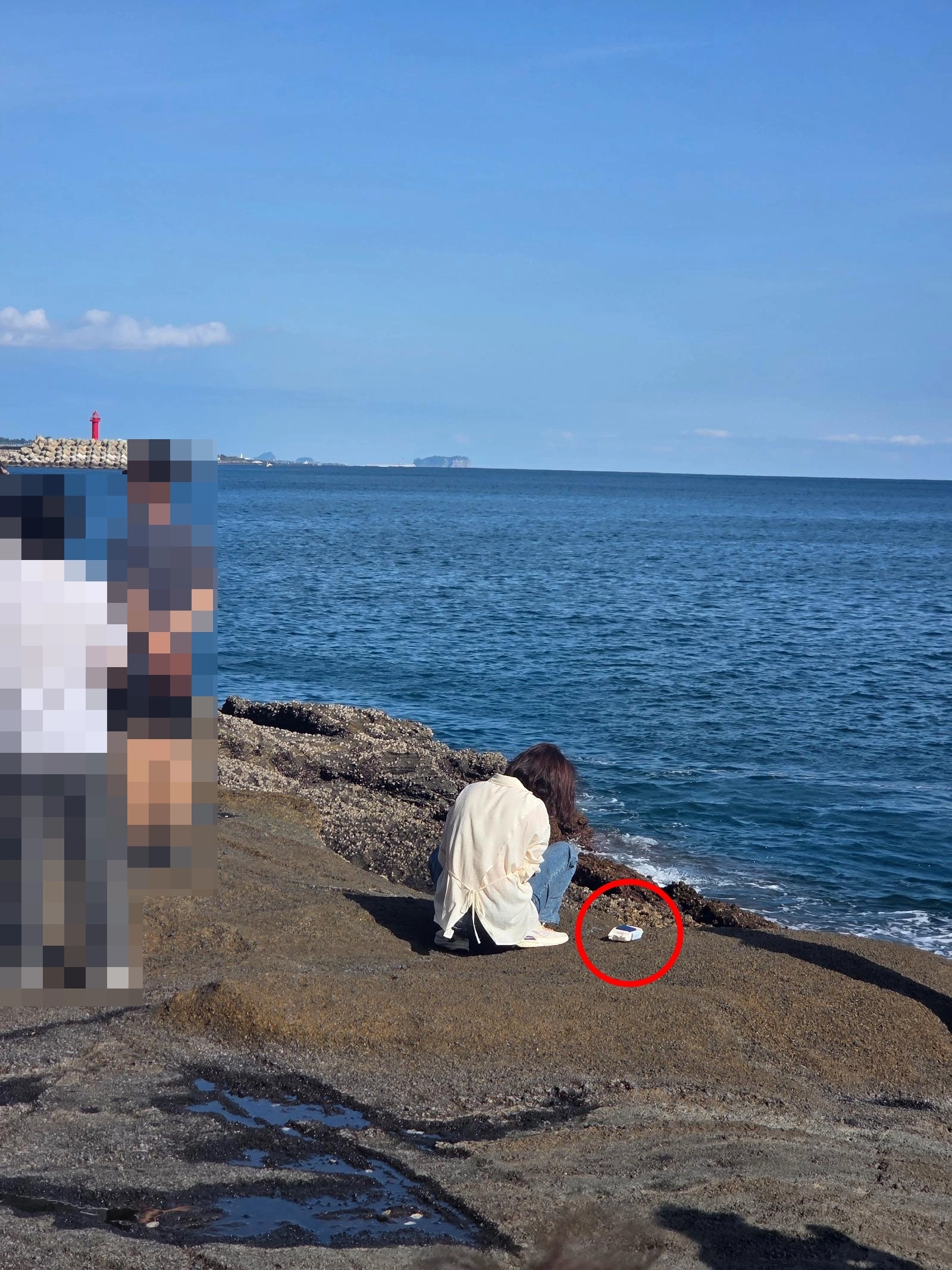 추석 연휴 기간 제주 서계리 용머리해안(천연기념물 제526호)에서 아이의 대변을 뉘고 있는 관광객. 옆에 물티슈(빨간 원 안)가 놓여 있다. (인물 모자이크 처리) 보배드림 캡처