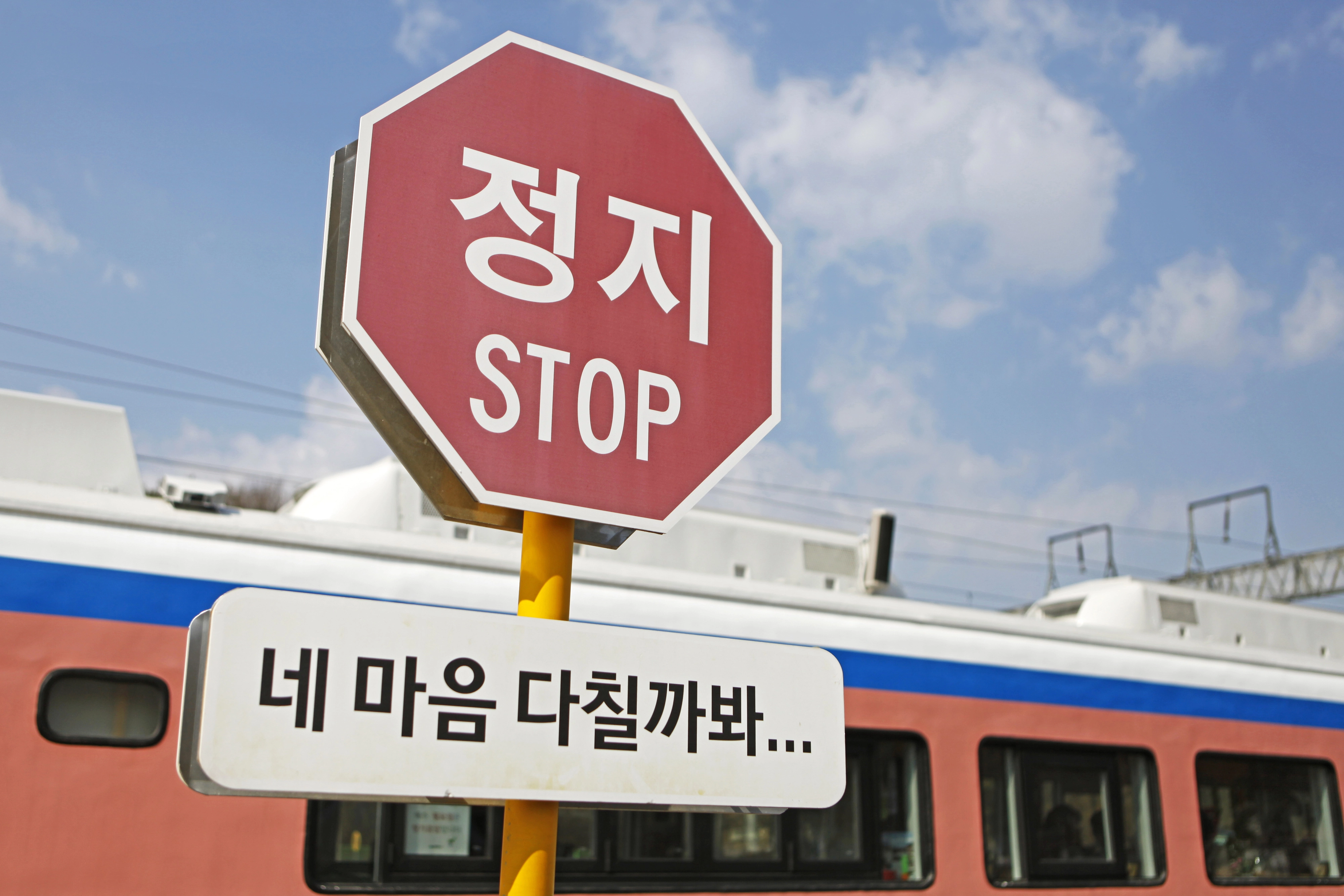 ‘김유정역’ 표지판. 표지판이 갖는 본래의 안내 역할과 함께 아이러니한 문장이 웃음을 자아낸다.
