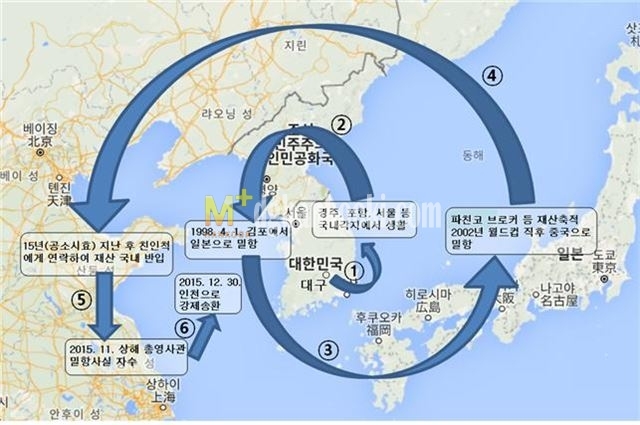 대구지검 서부지청이 제공한 내연녀 남편 살해범 커플의 밀항 경로도