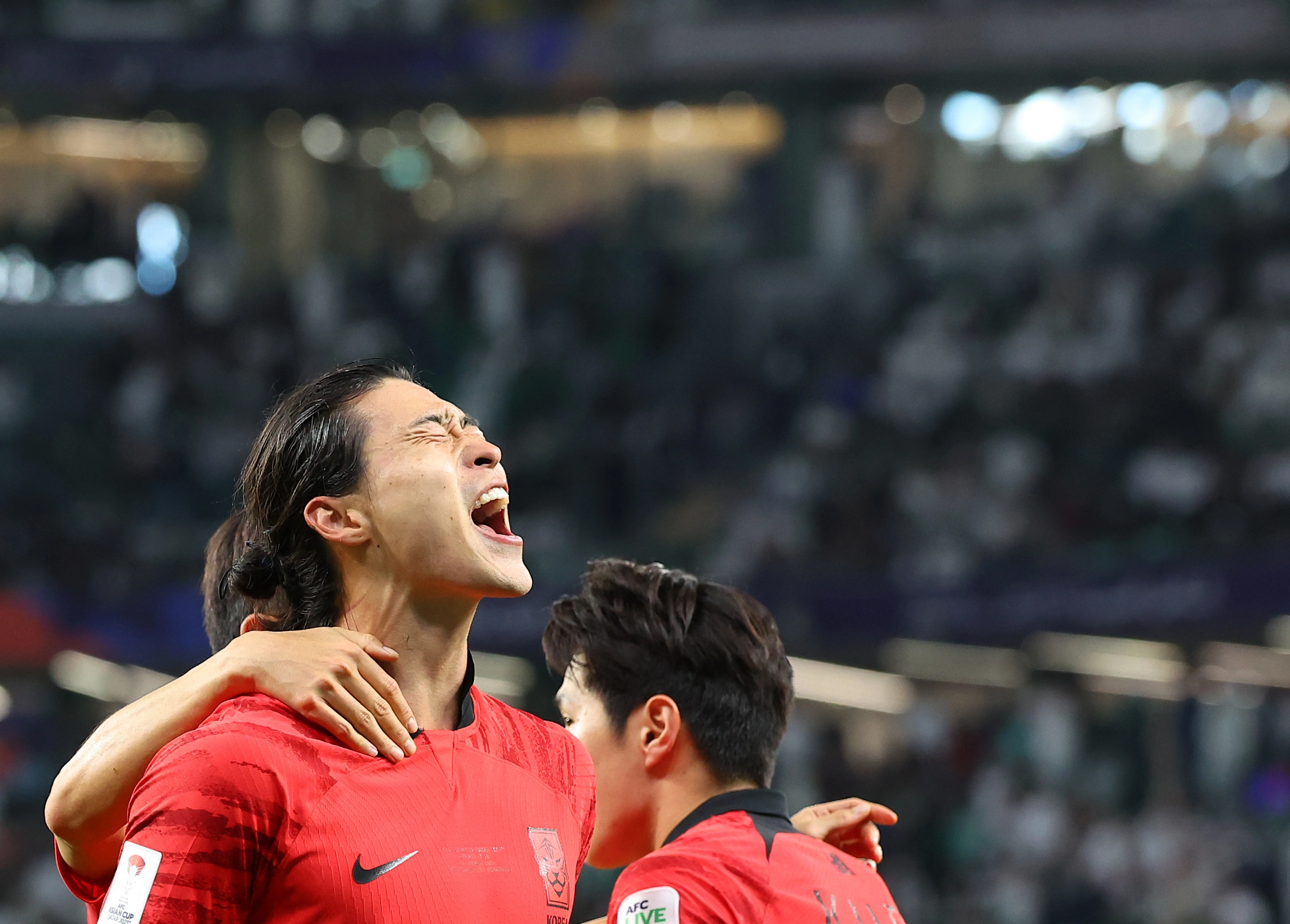 한국 축구 국가대표 조규성이 지난해 1월 31일(한국시간) 카타르 알라이얀에서 에듀케이션 시티 스타디움에서 열린 2023 아시안컵 사우디아라비아와의 16강에서 골을 넣고 포효하고 있다. 카타르 연합뉴스