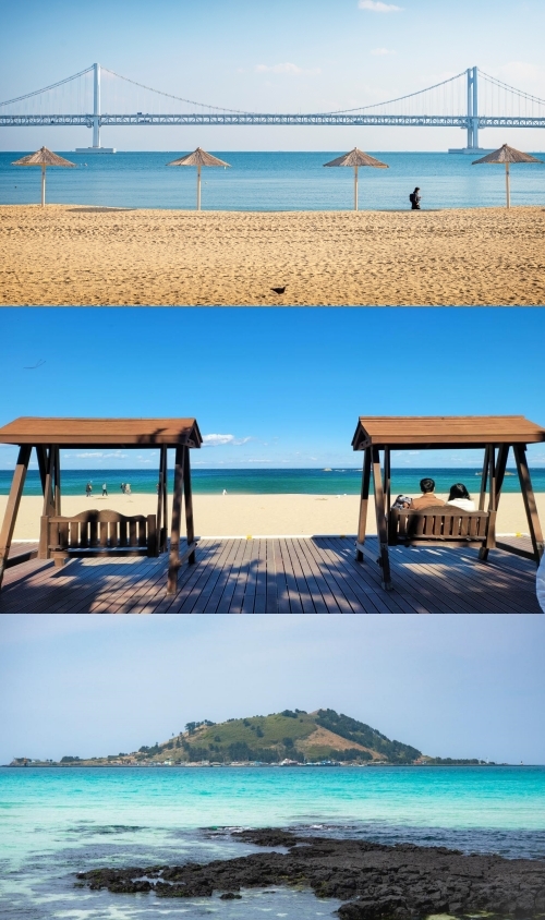 위부터 차례대로 부산 광안리해수욕장, 제주 협재해수욕장, 강릉 송정해변. 부산 관광공사, 강원관광, 제주 관광공사 제공