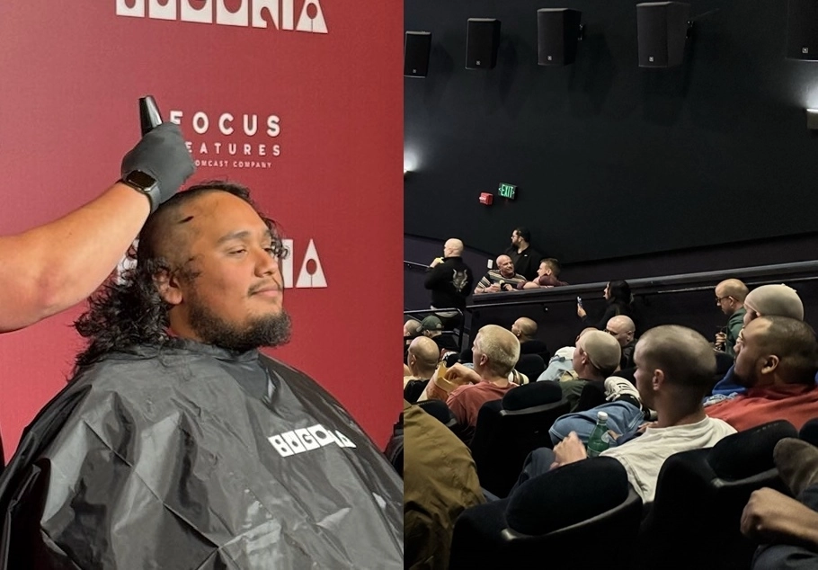 20일(현지시간) 미국 캘리포니아주 로스앤젤레스의 한 극장에서 영화 ‘부고니아’의 시사회가 열렸다. 배급사 측은 ‘대머리만 입장 가능하다’는 조건을 내걸었고, 대머리가 아닌 관객들은 극장 로비에 마련된 간이 미용실에서 삭발을 한 뒤 상영관으로 향했다. 자료 : 포커스 픽처스·엑스(X) ‘디스거스팅 필름’ 계정