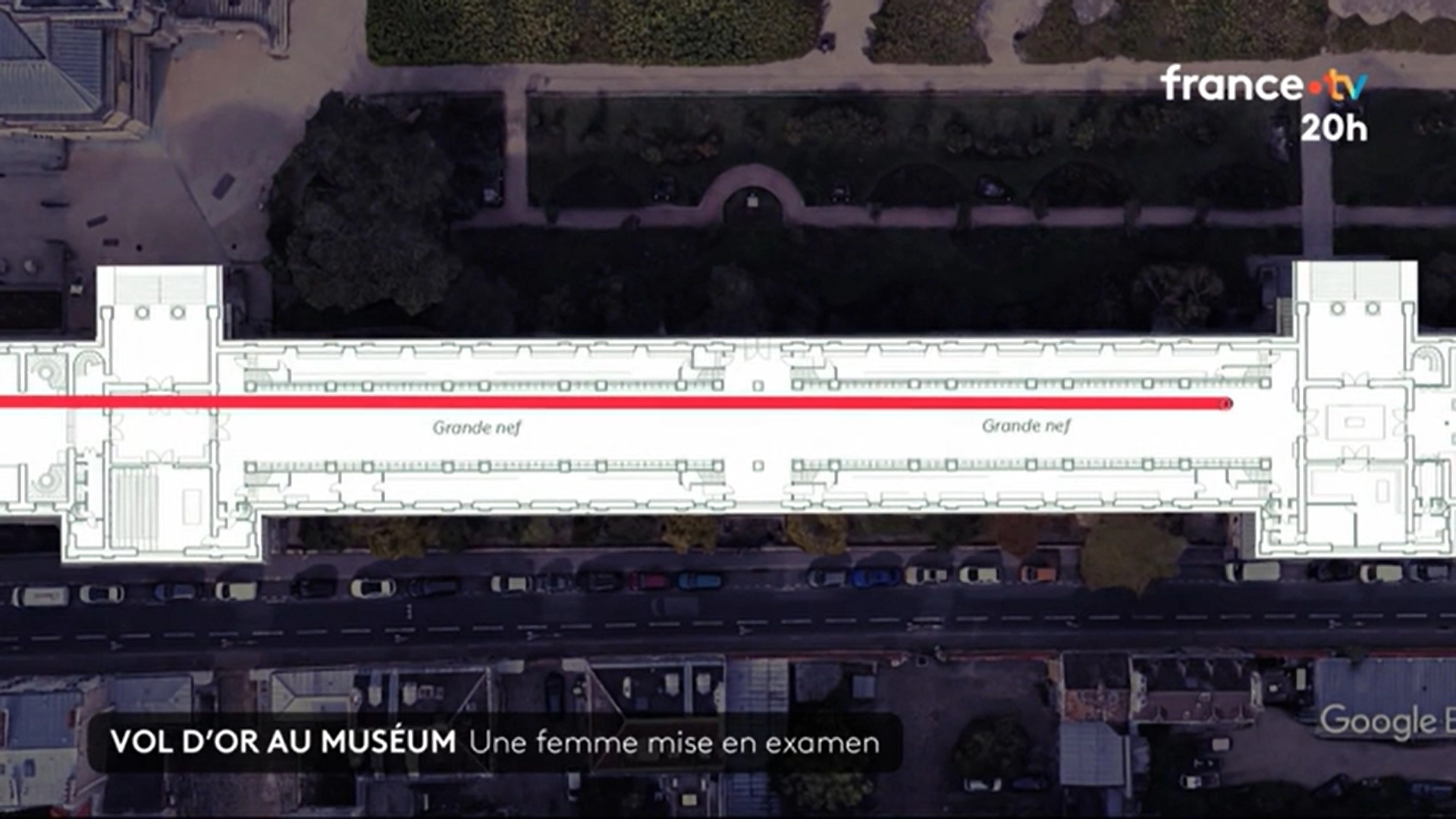 21일(현지시간) 파리 검찰청은 24세 중국인 여성을 조직적 절도 및 범죄 공모 혐의로 지난 13일 예비 기소했다고 밝혔다. 이 여성은 지난달 16일 새벽 파리 국립자연사박물관에 침입해 총 6㎏ 상당의 금덩이를 훔쳐 달아난 혐의를 받는다. 사진은 범행 재연 그래픽. 2025.10.21 프랑스tv 화면