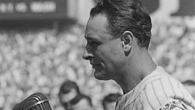 1939년 자신의 은퇴식에서 은퇴사를 전하는 루 게릭. MLB닷컴 제공