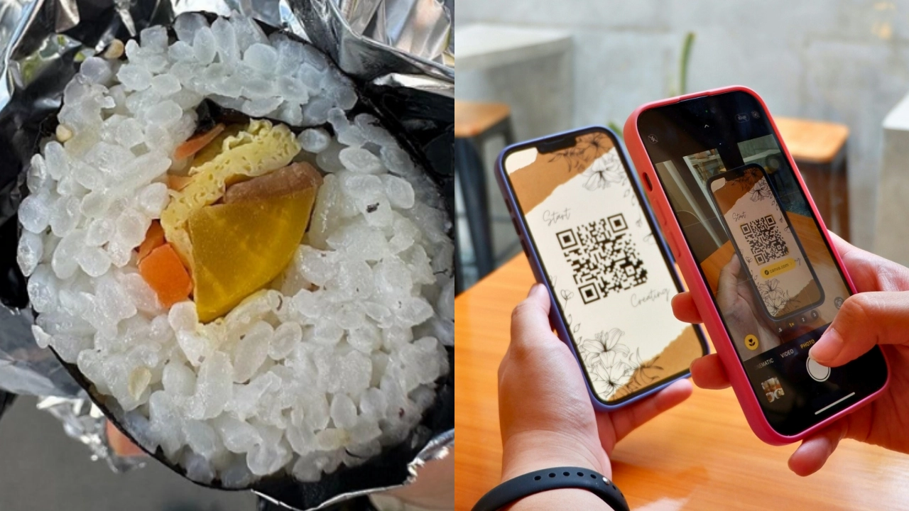 제주 탐라문화제에서 한 줄당 4000원에 팔아 바가지요금 논란이 일었던 김밥 사진. 오른쪽은 QR 코드 자료 이미지. 온라인 커뮤니티 캡처·언스플래쉬