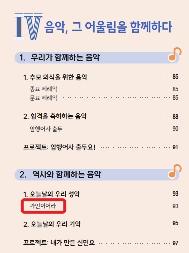 도서출판 박영사가 출판한 중학교 ‘음악2’ 교과서 목차 페이지. 송가인의 ‘가인이어라’가 수록돼 있다. 도서출판 박영사 제공