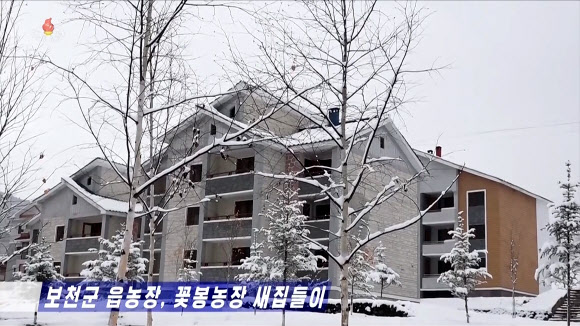북한 조선중앙TV는 지난 19일 량강도 보천군 읍농장과 꽃봉농장에 새집들이 행사가 열렸다고 27일 보도했다. 사진은 새집들이 행사장에 눈이 내린 모습. 2025.10.29  조선중앙TV 화면