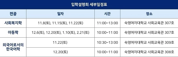 전공별 입학설명회 세부일정