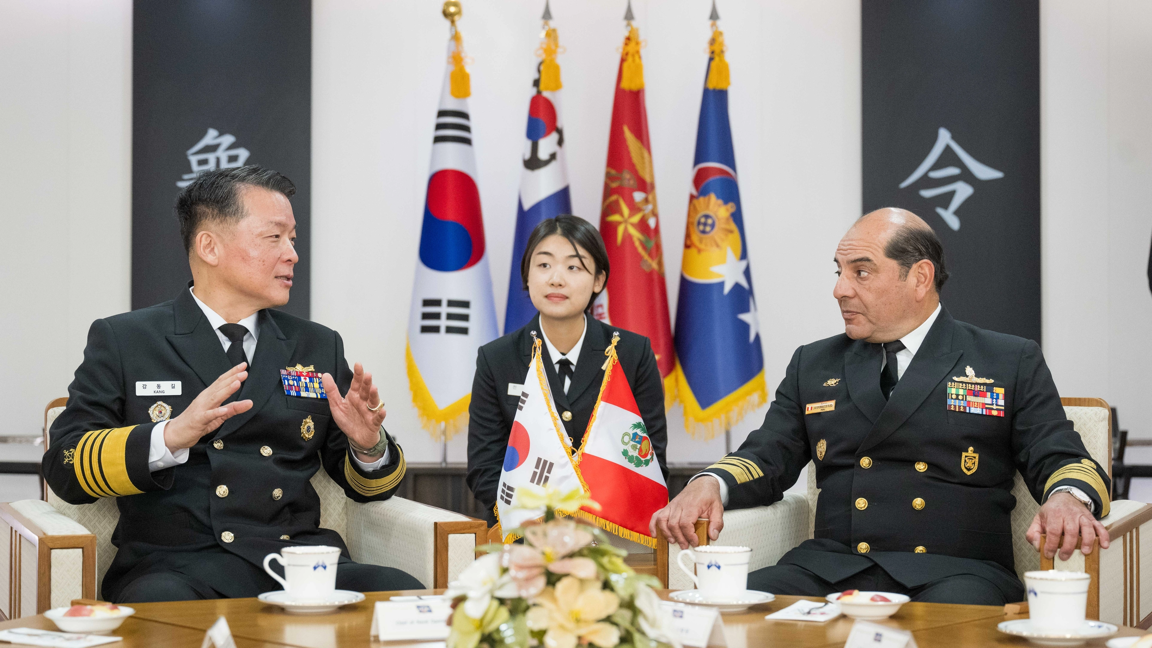 강동길(왼쪽) 해군참모총장과 하비에르 브라보 데 루에다 페루 해군사령관이 31일 충남 계룡시 계룡대 해군본부에서 양국 해군 군사협력을 위한 양자대담을 하고 있다. 2025.10.31 해군 제공