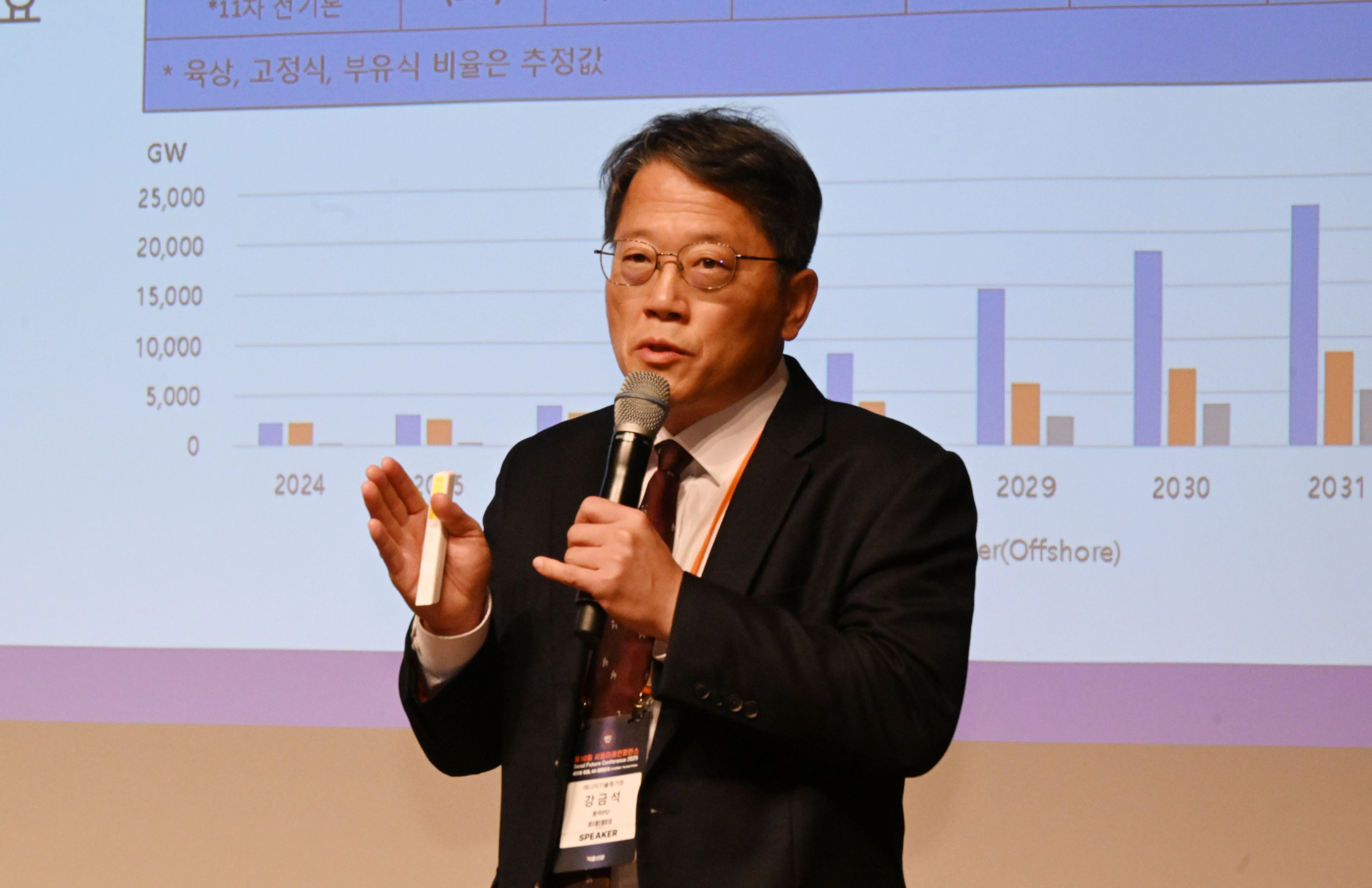 강금석 에너지기술평가원 풍력PD가 5일 서울 중구 신라호텔에서 열린 ‘미래 에너지 혁신 포럼’에서 ‘해상풍력의 전략적 의미와 종합계획의 방향’을 주제로 발표하고 있다. 안주영 전문기자