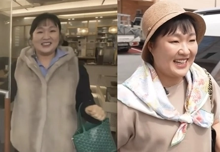 코미디언 이수지가 자신의 유튜브 채널에 ‘제이미맘’으로 등장해 선보인 명품 패션. 밍크 코트와 고야드 ‘미니앙주’ 가방, 헬렌카민스키 모자, 반클리프 목걸이 등. 자료 : 유튜브 ‘핫이슈지’