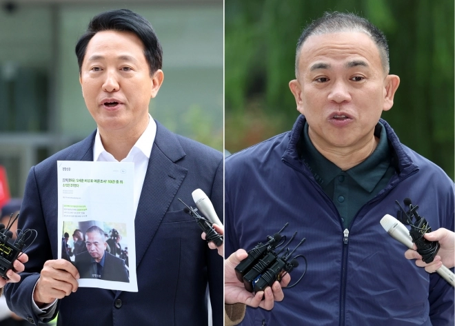 오세훈(왼쪽사진) 서울시장과 명태균 씨가 8일 오전 서울 종로구 KT광화문 웨스트빌딩에 마련된 김건희 여사 관련 의혹을 수사하는 민중기 특별검사 사무실에서 진행되는 소환조사에 각각 출석하고 있다. 2025.11.08. 20 뉴시스