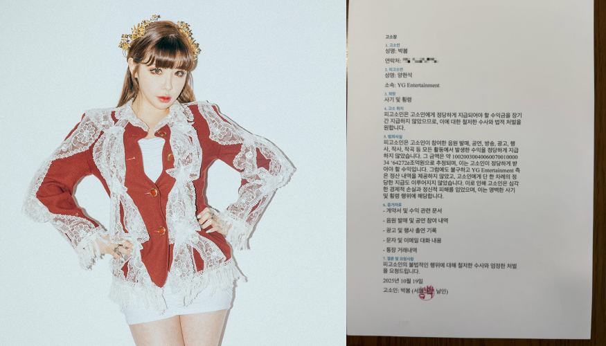 지난달 22일 박봄은 자신의 소셜미디어(SNS)에 YG엔터테인먼트 양현석 대표 프로듀서를 상대로 한 고소장을 공개했다. 디네이션엔터테인먼트, 박봄 인스타그램 게시물 캡처