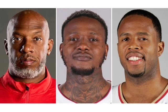 미국 프로농구(NBA) 포틀랜드의 천시 빌럽스(왼쪽부터) 감독, 마이애미의 현직 가드 테리 로지어, 클리블랜드 전 코치 데이먼 존스가 스포츠 베팅 조작 및 사기도박 사건에 연루돼 지난달 23일 수사 당국에 체포됐다. AP 연합뉴스