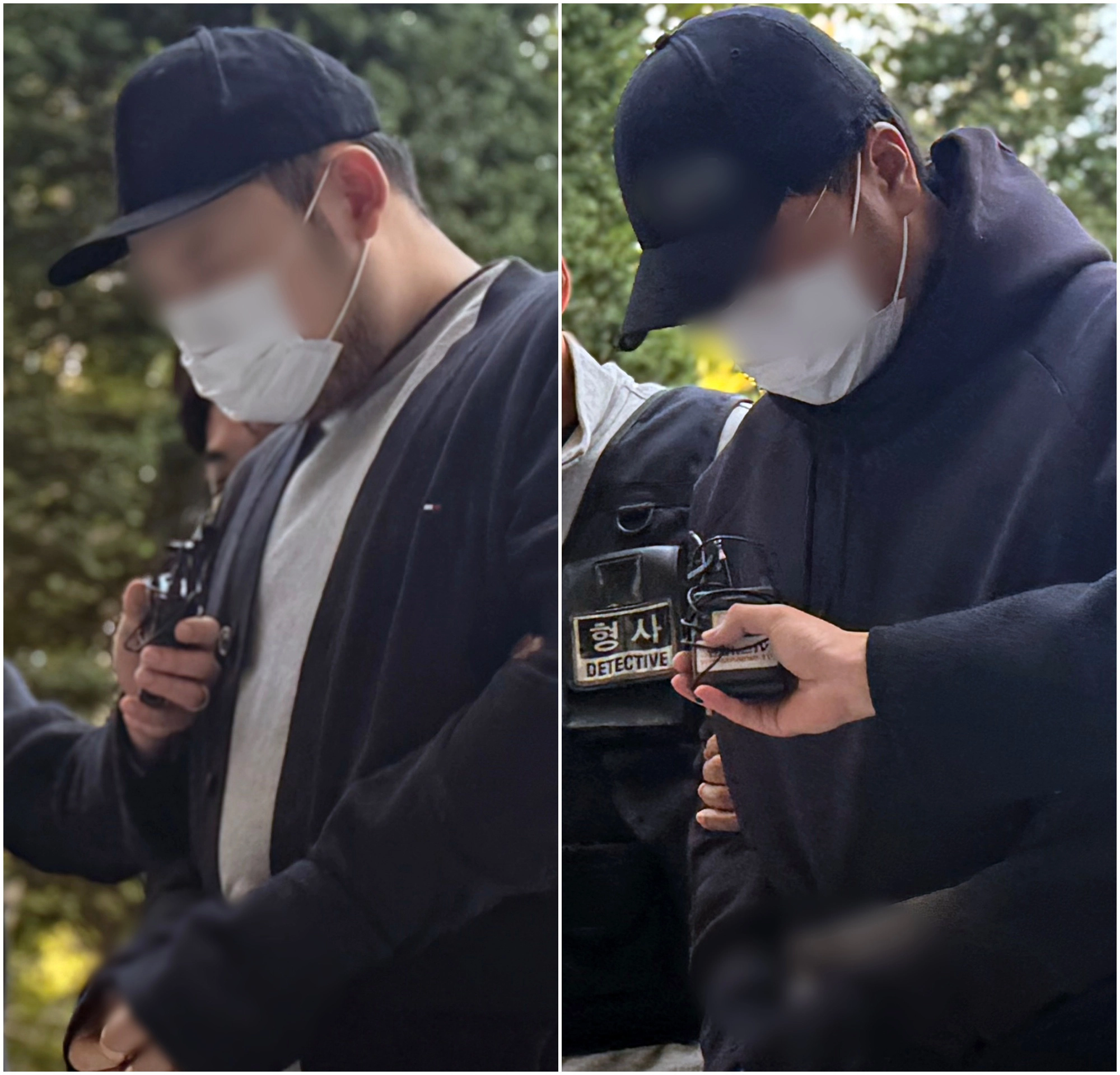 살인미수와 공동감금 등 혐의를 받는 일당들이 29일 오후 구속 전 피의자 심문(영장실질심사)을 받기 위해 인천지법에 출석하고 있다. 이들은 지난 26일 오후 10시 40분쯤 인천 송도국제도시 한 아파트 주차장에서 유튜버 수탉을 차에 태워 납치한 뒤 폭행한 혐의를 받는다. 2025.10.29 뉴스1