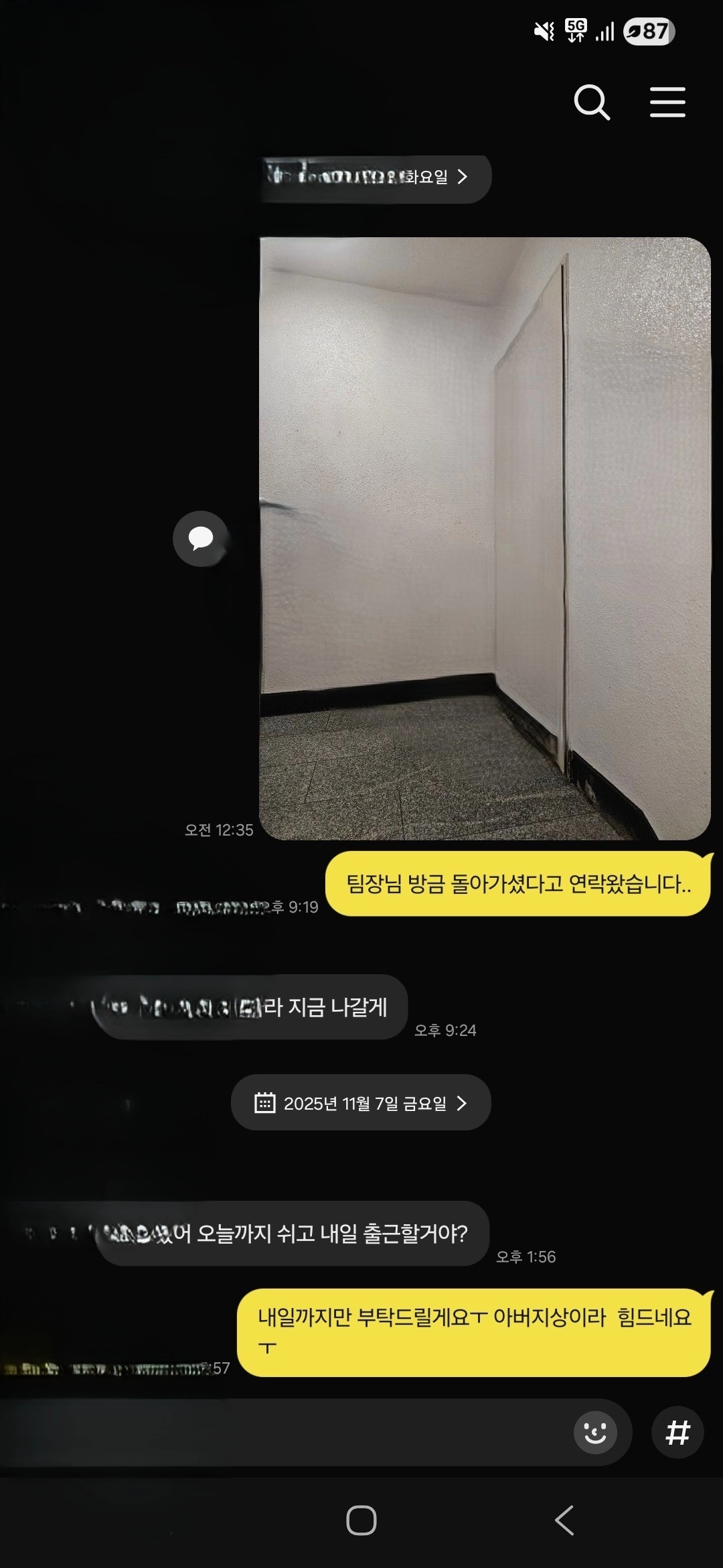 30대 쿠팡 노동자가 숨지기 이틀전 대리점 직원과 나눈 카톡 메시지의 일부. 전국택배노조 제공