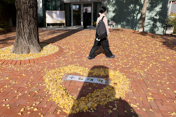 2026학년도 대학수학능력시험(수능)을 하루 앞둔 12일 서울 중구 이화여자고등학교에 은행나무 잎으로 만든 하트 모양 안에 수능 응원 메시지가 적혀있다. 2025.11.12. 연합뉴스