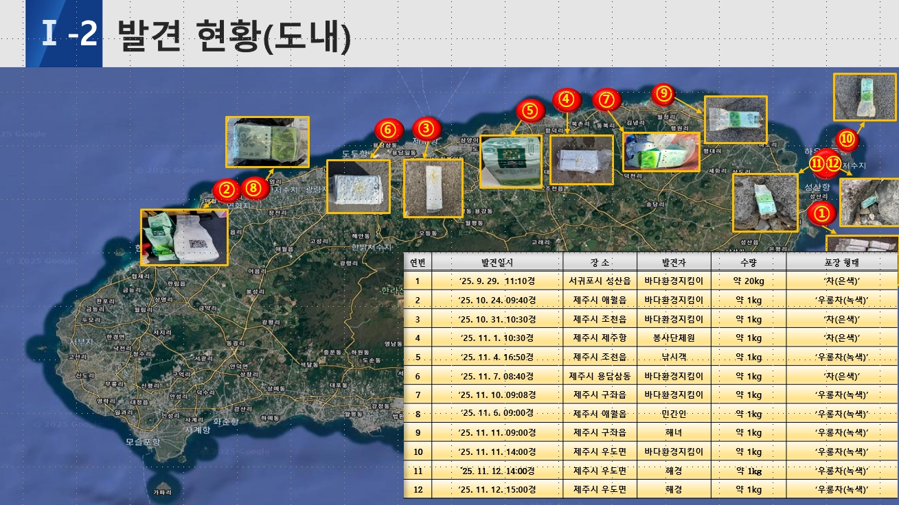 제주도 해안가 차 포장 마약 발견 지점과 현황. 제주지방해양경찰청 제공