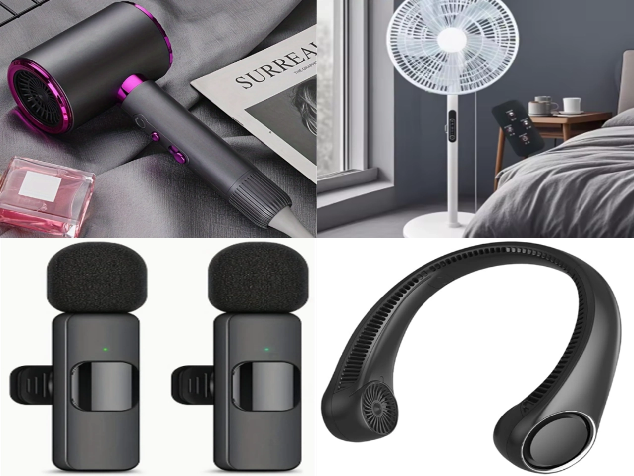 과학기술정보통신부의 전파 안전성 시험에서 부적합 판정을 받은 제품들. 왼쪽 위부터 시계방향으로 헤어드라이어(판매처 테무), 스탠드형 선풍기(알리익스프레스), 목걸이형 선풍기(아마존), 무선 마이크(테무). 과학기술정보통신부 제공