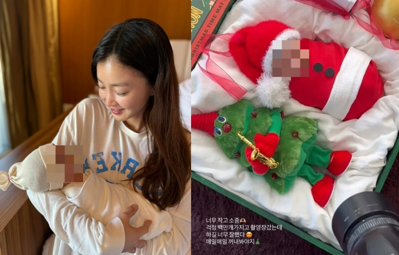 배우 이시영(왼쪽)과 그가 공개한 신생아 딸의 본아트(Born art) 사진. 이시영 인스타그램