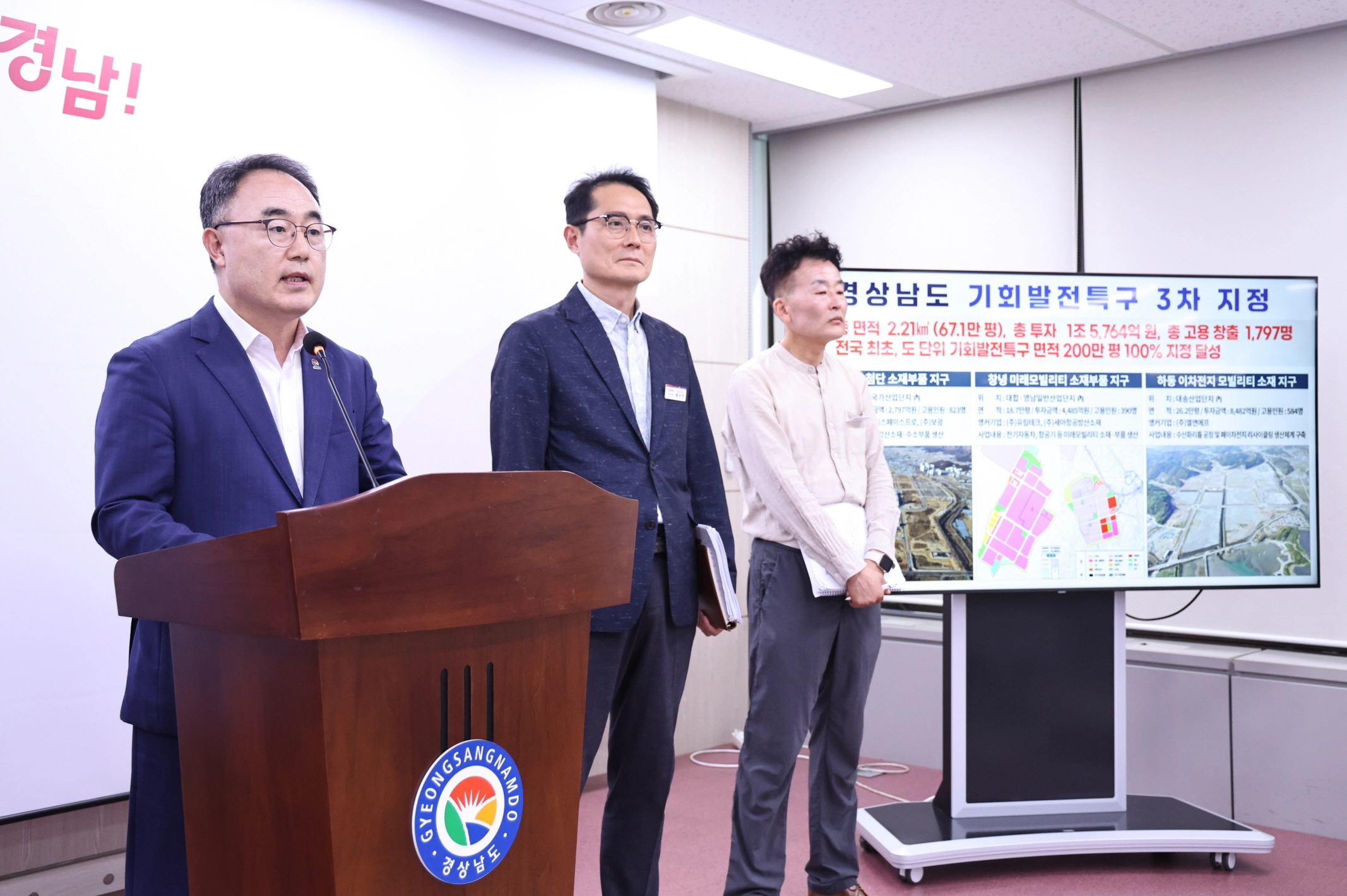 경남도가 지난 7월 밀양·창녕·하동 3개 지역이 ‘기회발전특구’로 추가 지정됐다는 내용으로 브리핑하고 있다. 도는 첨단소재, 미래모빌리티, 이차전지 산업을 포괄하는 첨단 산업벨트 조성을 본격 착수한다고 밝혔다.
경남도 제공