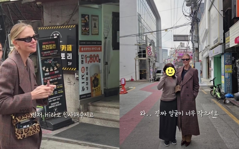 서울 마포구 홍익대학교 인근 거리에서 포착된 샤를리즈 테론. SNS 갈무리