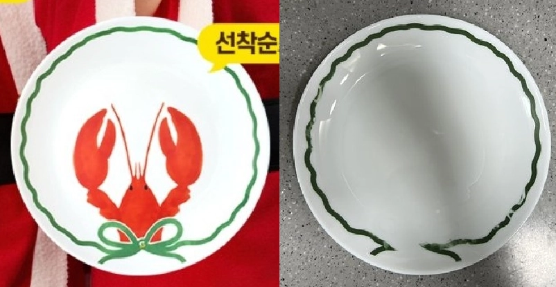 써브웨이에서 증정품으로 제공된 ‘랍스터 접시’(왼쪽)와 사용 후 프린팅이 지워진 모습. 써브웨이 제공-엑스(X) 캡처