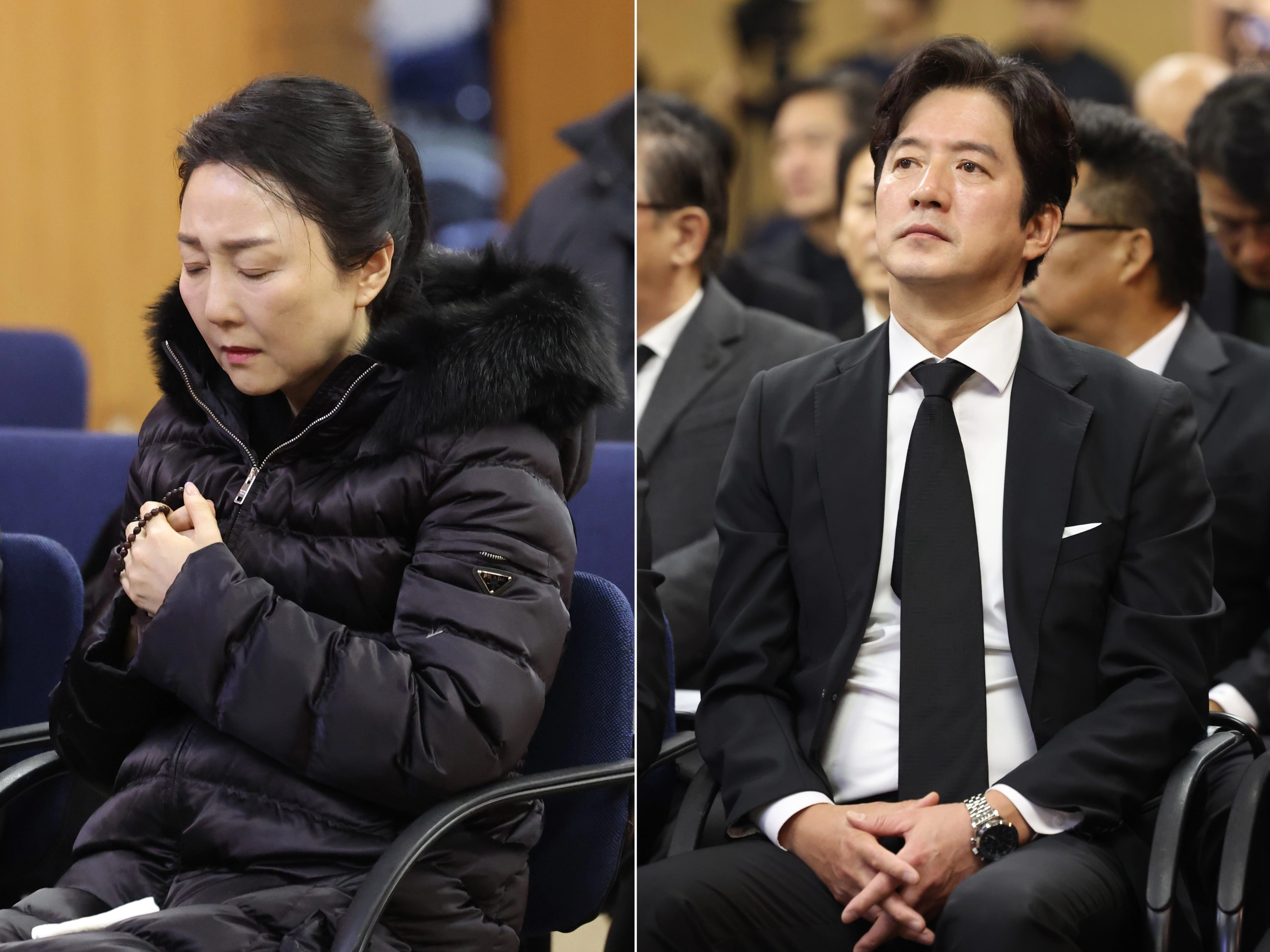 27일 오전 서울 송파구 서울아산병원 장례식장에서 엄수된 배우 고(故) 이순재의 영결식에 참석한 배우 김나운(왼쪽)과 정준호. 2025.11.27 공동취재