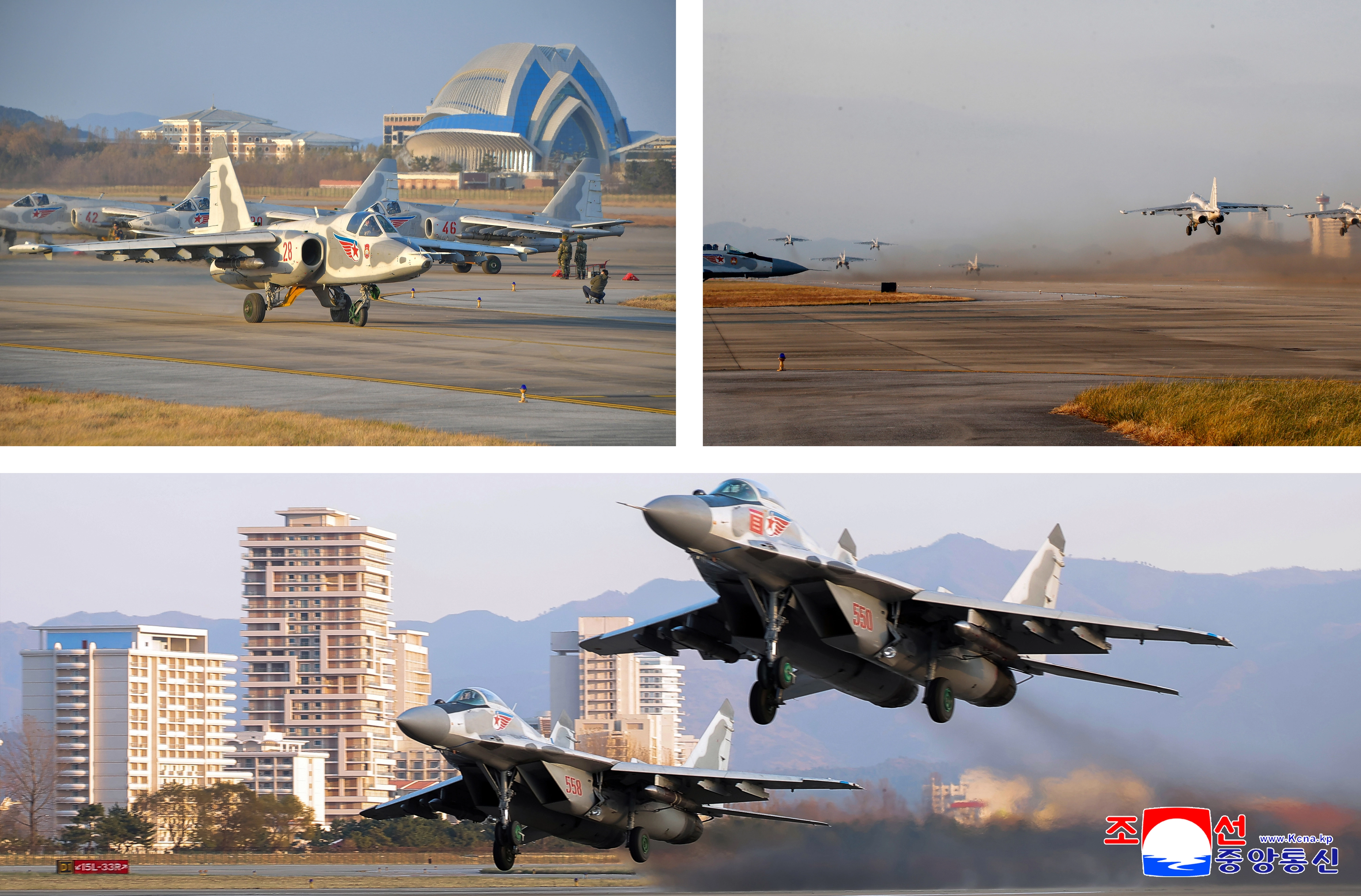 김정은 국무위원장이 딸 주애와 함께 지난 28일 제2공군사단 59길영조영웅연대 갈마비행장에서 북한 공군 창설 80주년 기념행사에 참석해 장병들을 치하하고 항공절 기념 공군 시위비행 및 기념보고대회와 기념공연을 관람했다고 조선중앙통신이 30일 보도했다. 2025.11.30 조선중앙통신