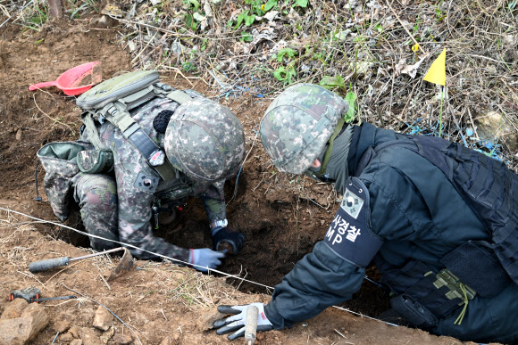 국방부는 10월 15일부터 지난달 28일까지 40여일 동안 중부전선 비무장지대(DMZ) 내 백마고지에서 6·25전쟁 전사자 유해발굴 작업을 실시해 25구의 유해와 1962점의 유품을 수습했다고 1일 밝혔다. 사진은 폭발물 제거하는 모습. 2025.12.1  국방부 제공