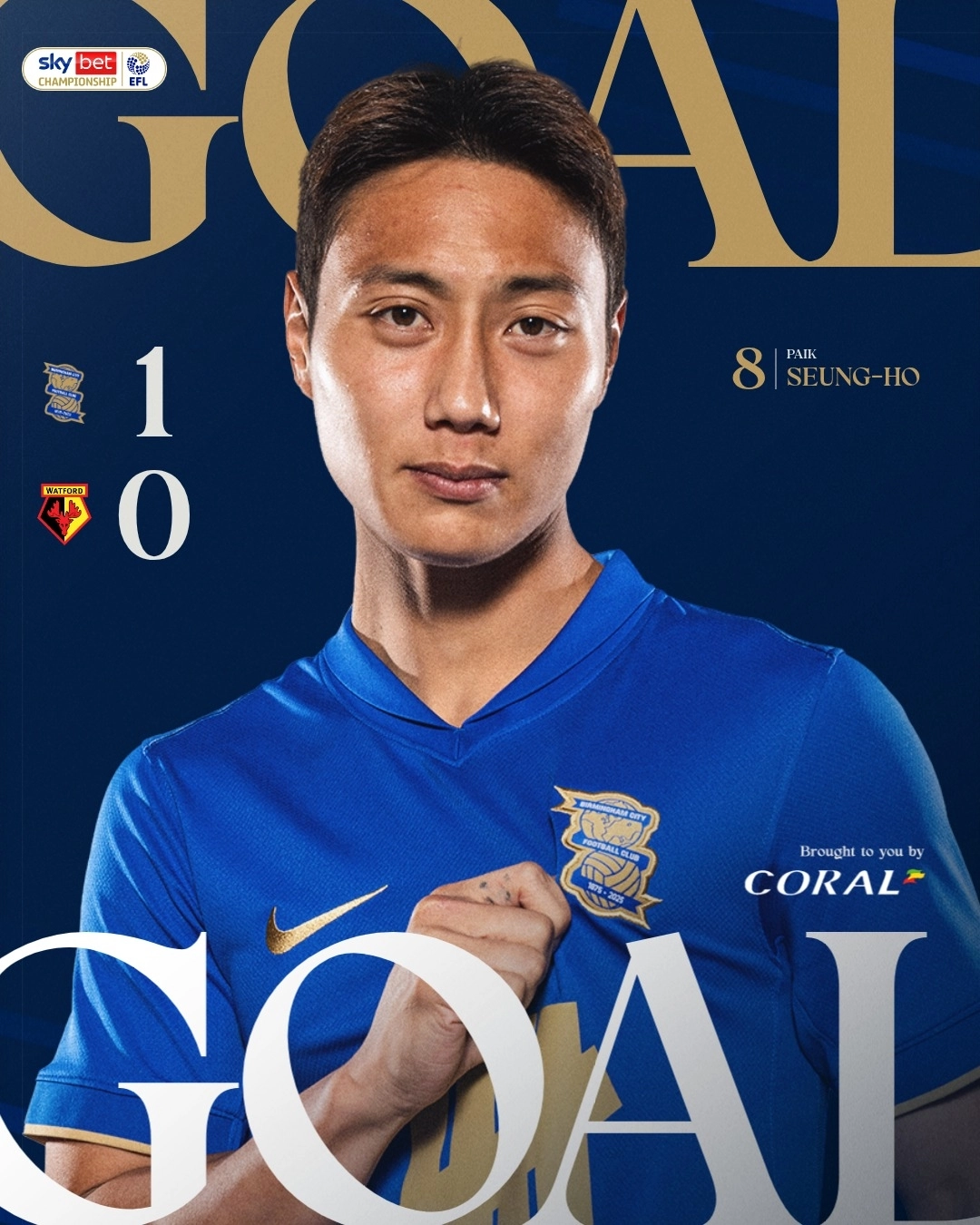 2일(한국시간) 영국 버밍엄의 세인트앤드루스 스타디움에서 열린 2025~26 잉글랜드 프로축구 챔피언십(2부) 18라운드 왓퍼드와의 홈 경기에서 선제 골을 넣은 버밍엄시티 백승호. 버밍엄시티 소셜미디어(SNS)