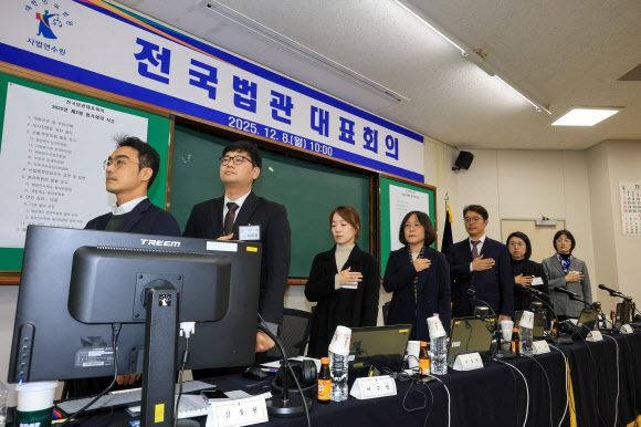 국기에 경례하는 대표 판사들