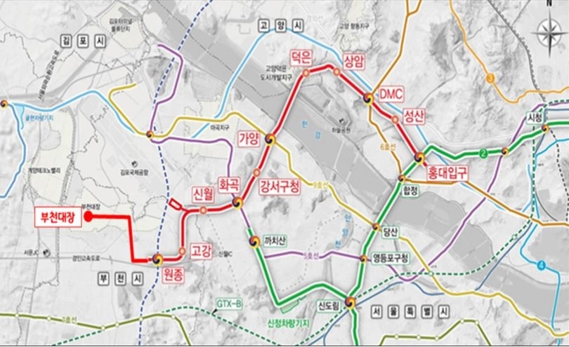 2019년 제4차 철도망 구축계획에 서울시가 건의한 대장홍대선 노선도