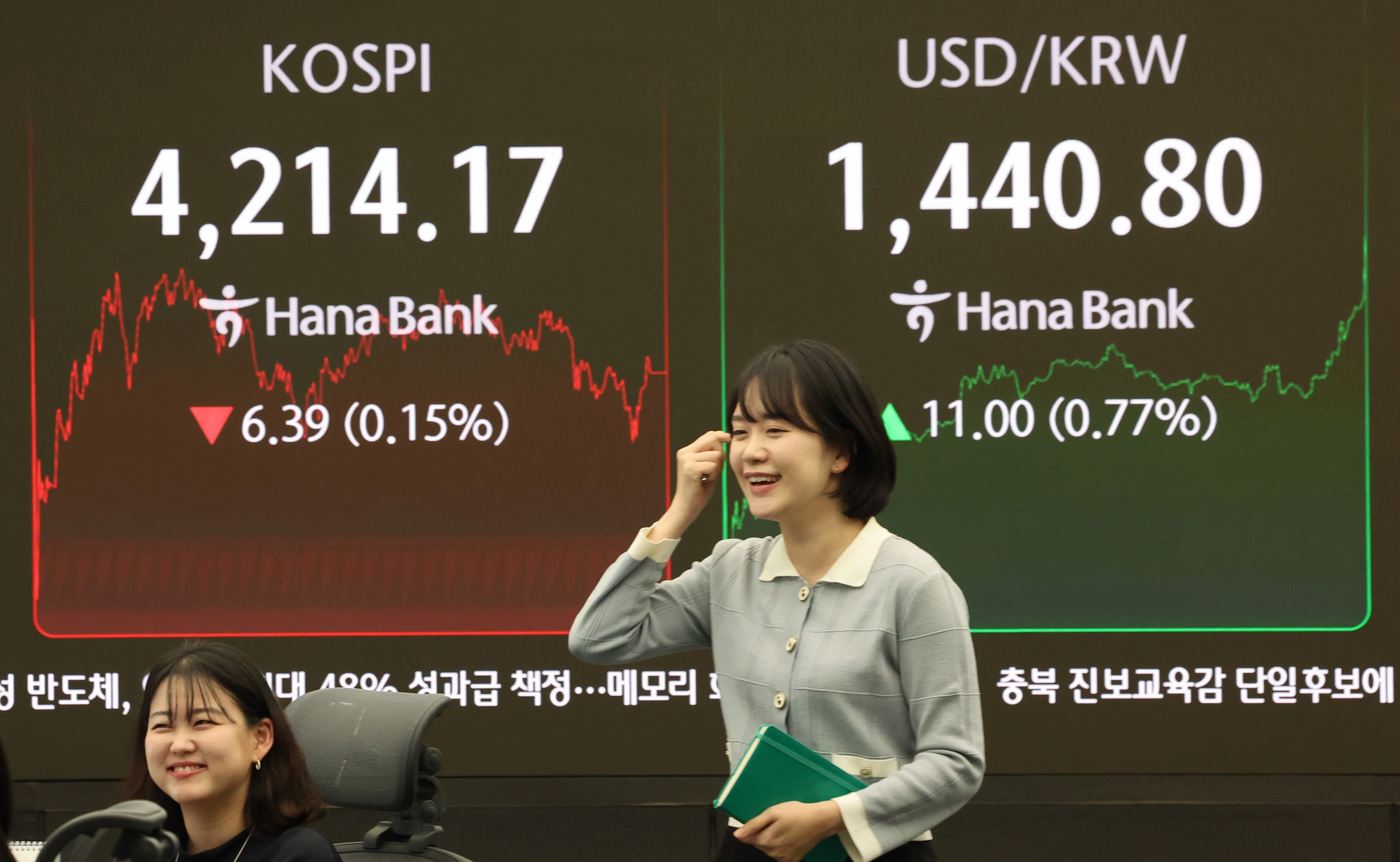 2025년 증시 폐장일인 30일 오후 서울 중구 하나은행 딜링룸 모니터에 코스피, 코스닥 종가가 표시되고 있다. 이날 코스피는 전장보다 6.39포인트(0.15%) 내린 4,214.17로 거래를 마감했다. 2025.12.30 연합뉴스