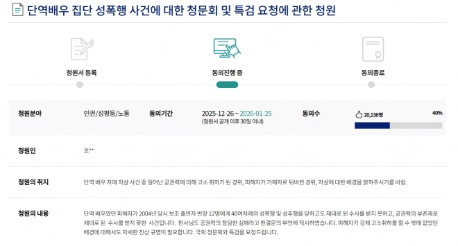 16년 전 집단 성폭력 피해 후 자매가 잇따라 목숨을 끊은 ‘단역배우 자매 사망 사건’의 진상 규명을 요구하는 국회 청원이 일주일 만에 2만명의 동의를 얻었다. 국회 국민동의 청원 게시판 캡처