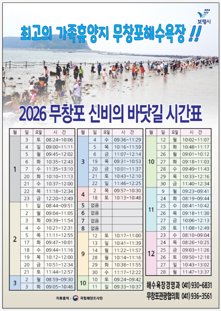 2026년 무창포 신비의 바닷길 시간표. 시 제공