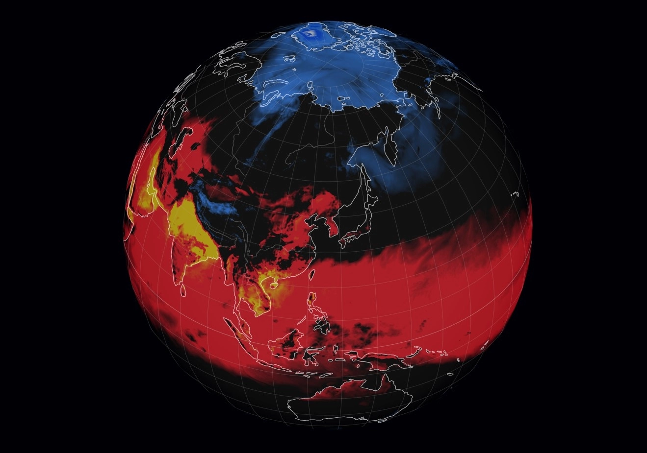 2024년 6월 한반도 주변의 기온과 불쾌지수를 붉게 표시한 세계 기상 정보 비주얼 맵 ‘어스윈드맵’. 어스윈드맵 캡처