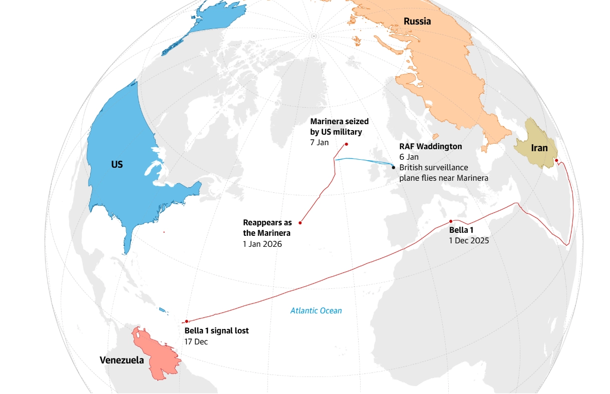 2025년 12월 1일 벨라 1호 이란에서 베네수엘라로 운항.

12월 17일 벨라 1호 베네수엘라 근처에서 신호 끊김.

2026년 1월 1일 벨라 1호 마리네라호로 이름 바꾸고 러시아 국적 등록.

1월 6일 영국 정찰기 마리네라호 정찰 지원.

1월 7일 미군, 아이슬란드와 영국 사이 북대서양에서 마리네라호 나포.