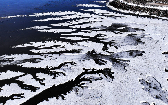 매서운 추위가 다시 찾아온 8일 경기도 화성시 우정읍 갯벌이 얼어있다. 2026.1.8  연합뉴스