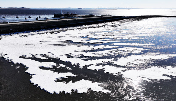 한파가 기승을 부리고 있는 8일 경기도 화성시 우정읍 갯벌이 얼어있다. 2026.1.8  연합뉴스