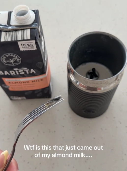 대형 할인점에서 구매한 아몬드 우유 제품에서 정체불명의 검은 물체를 발견했다는 한 호주 여성의 주장이 나와 논란이 일고 있다. 틱톡 캡처