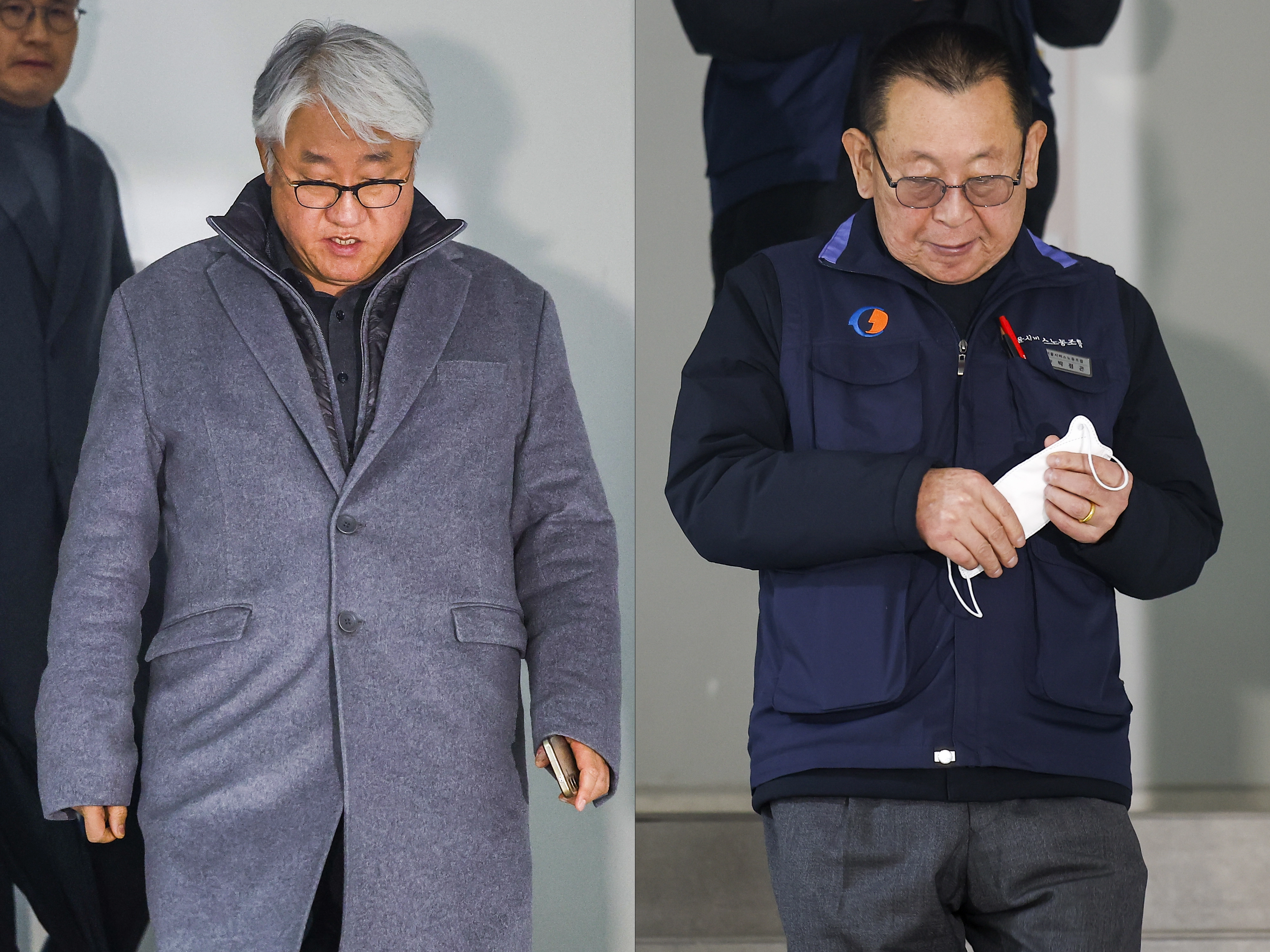 서울 시내버스 노사 협상이 최종 결렬된 13일 서울 영등포구 서울지방노동위원회에서 김정환(왼쪽) 서울시버스운송사업조합 이사장과 박점곤 전국자동차노동조합연맹 서울시버스노동조합 위원장이 이동하고 있다. 2026.1.13 뉴시스