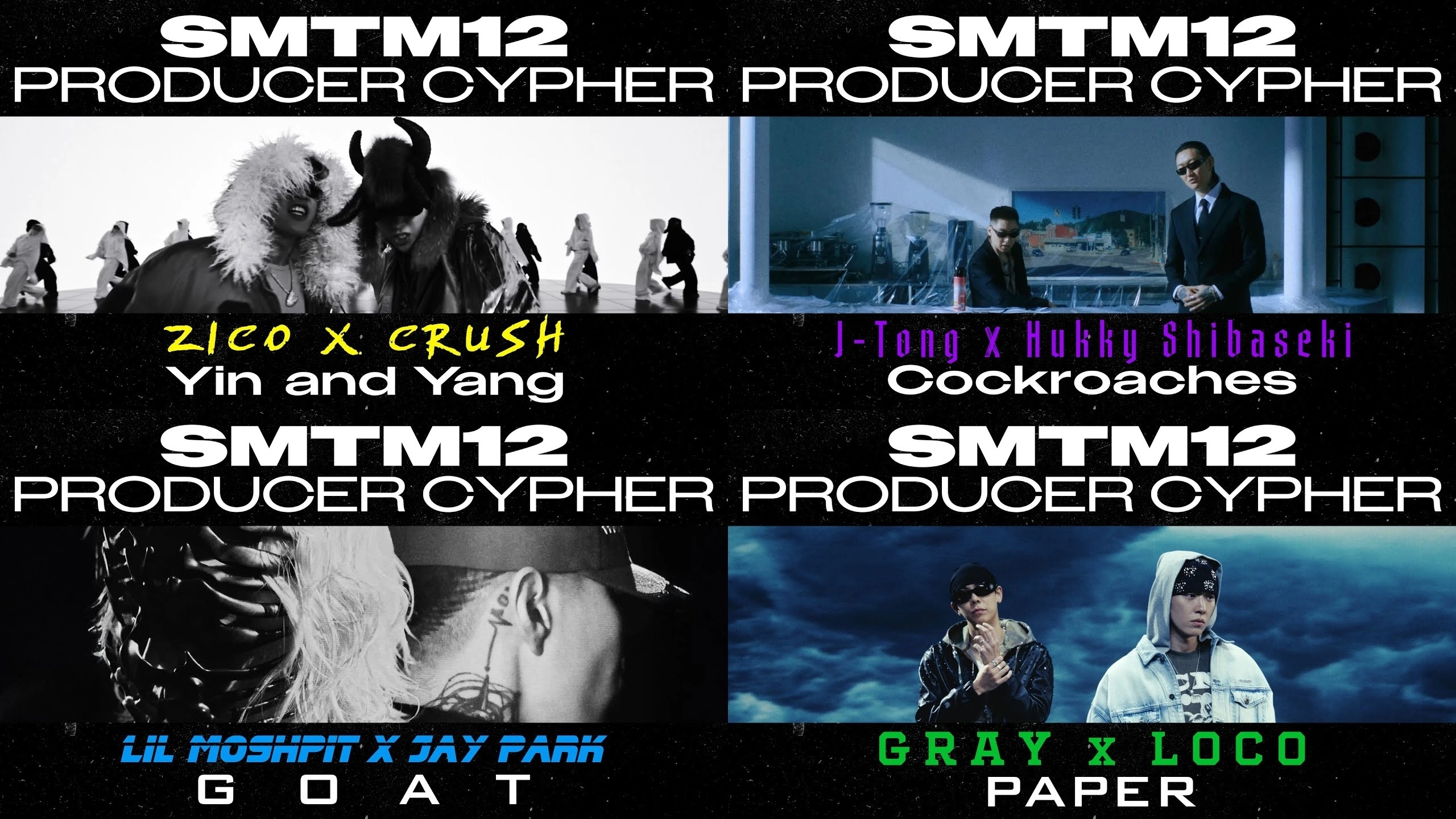 ‘쇼미더머니12’ 프로듀서 4개 팀이 올린 사이퍼 영상 섬네일. 티빙, Mnet