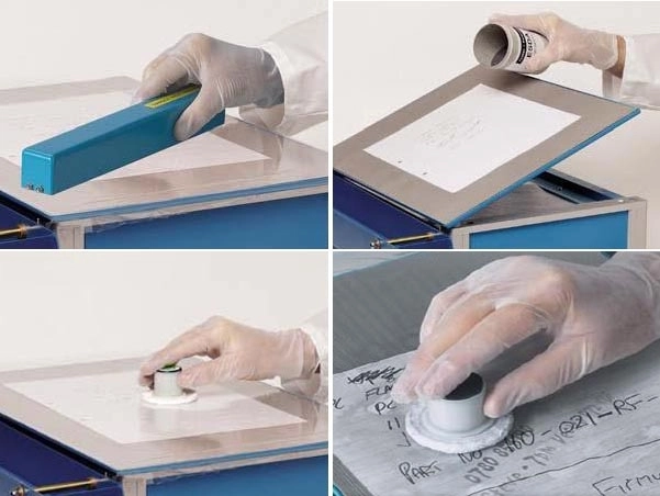 필흔 재생기 ‘ESDA2’ 사용 방법
1. 기기에 종이 밀착
2. 종이 위에 흑연가루 도포
3. 토너 장치
4. 토너작업으로 나타나는 필흔