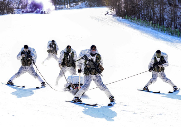 지난 14일 해병대 특수수색여단 장병들이 강원 평창군 황병산 일대에서 열린 2026년 동계 설한지 훈련에서 설상 기동 간 환자 이송 훈련을 실시하고 있다. 2026.1.16  해병대사령부 제공